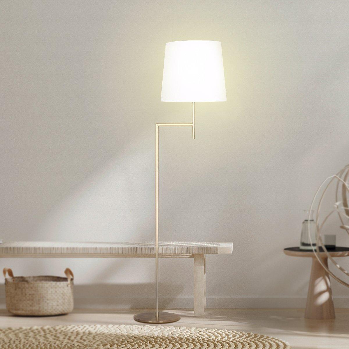 Sarantino Metal Floor Lamp in Antique Brass Finish with Cream Linen Fabric Shade - Harrogates