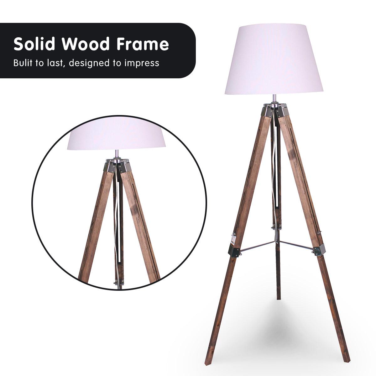 Sarantino Solid Wood Tripod Floor Lamp Adjustable Height White Shade - Harrogates