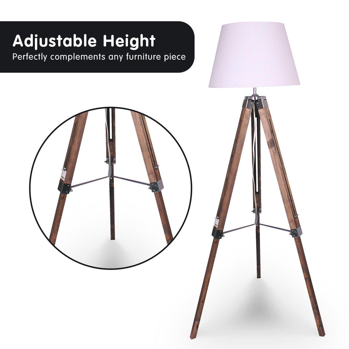 Sarantino Solid Wood Tripod Floor Lamp Adjustable Height White Shade - Harrogates