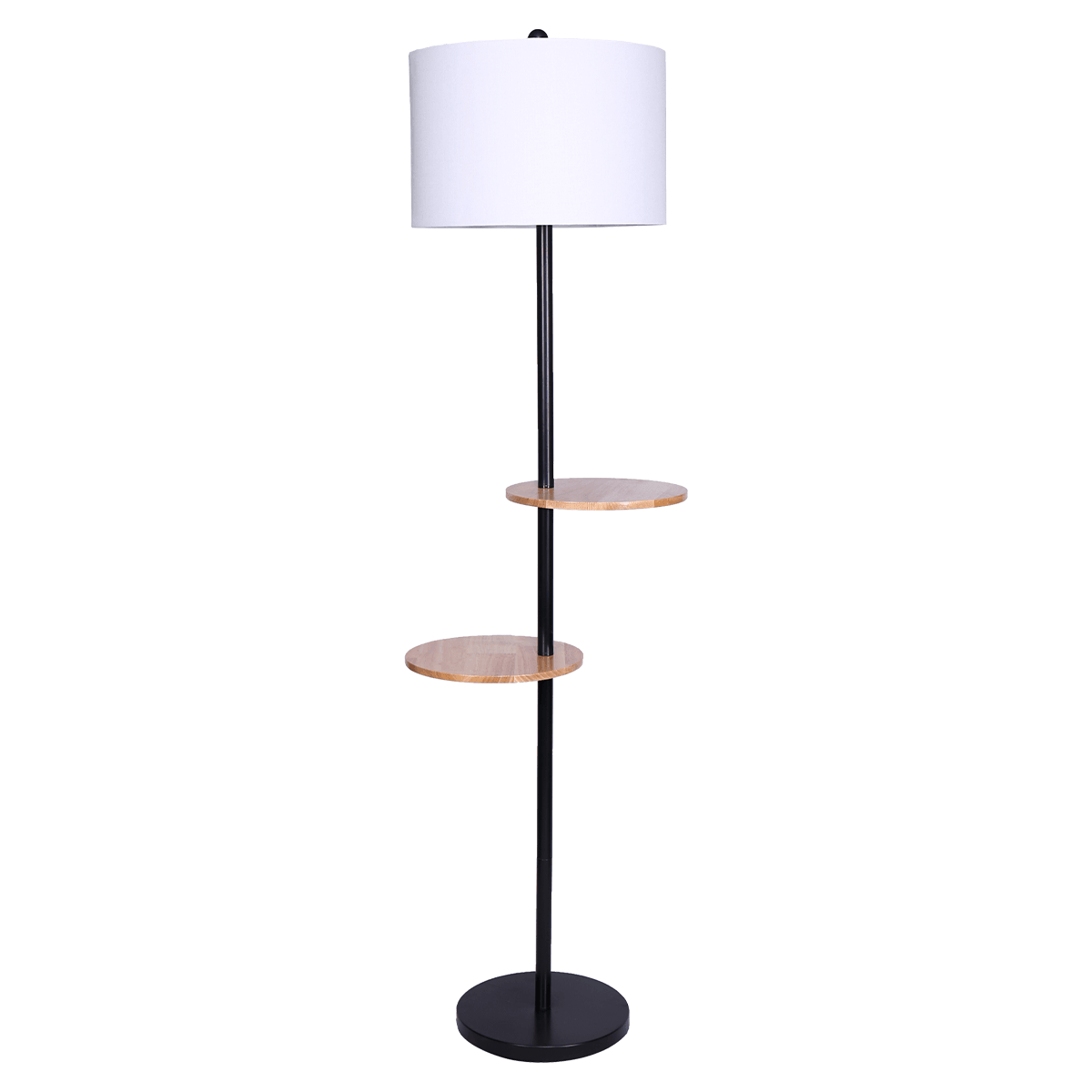 Sarantino Metal Floor Lamp Shade with Black Post in Round Wood Shelves - Harrogates