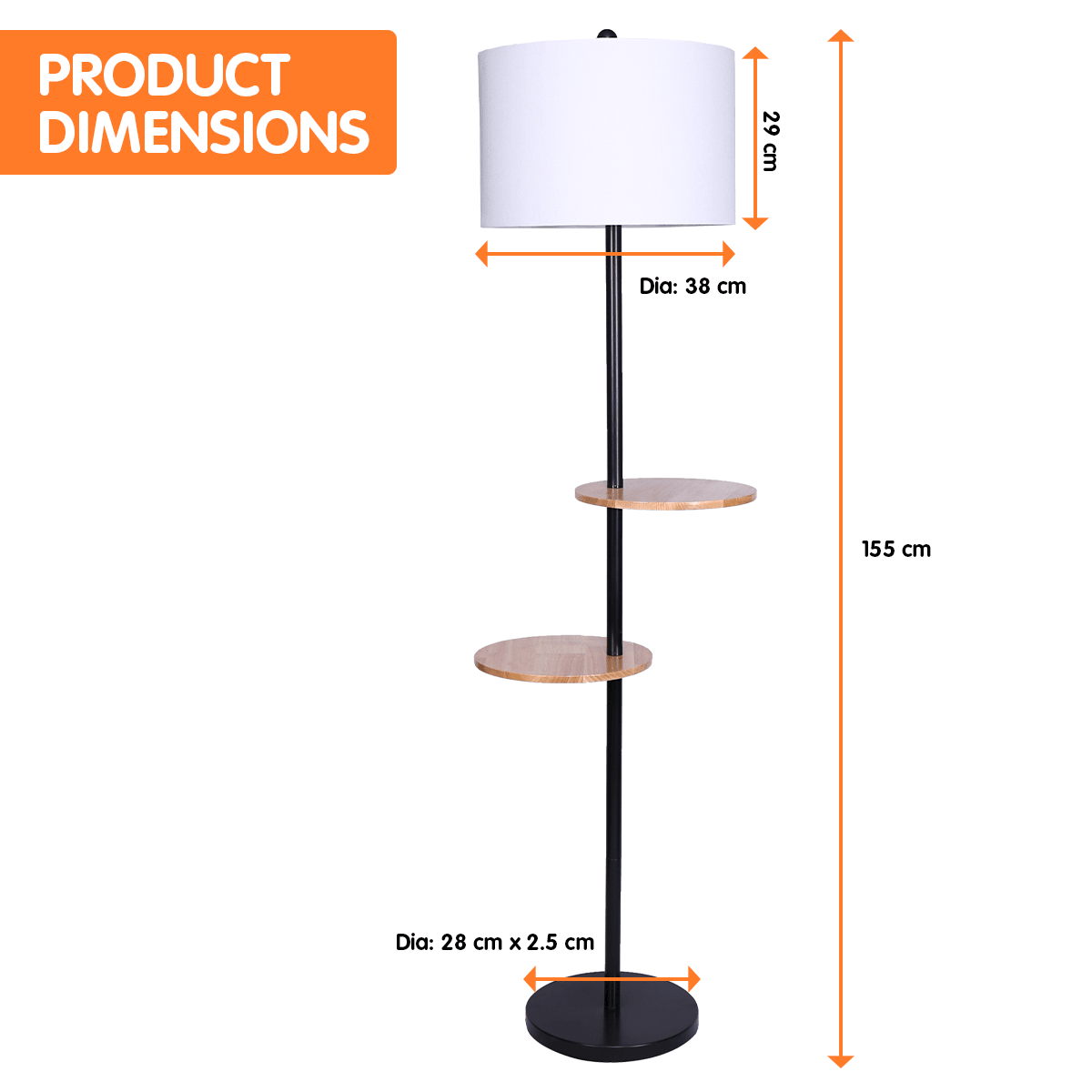 Sarantino Metal Floor Lamp Shade with Black Post in Round Wood Shelves - Harrogates