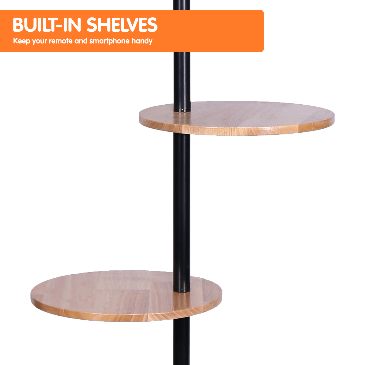 Sarantino Metal Floor Lamp Shade with Black Post in Round Wood Shelves - Harrogates