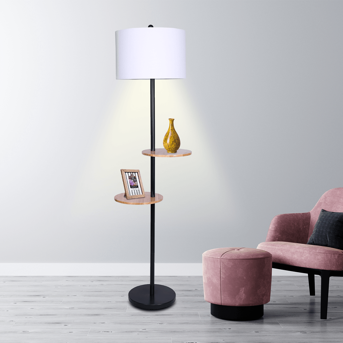 Sarantino Metal Floor Lamp Shade with Black Post in Round Wood Shelves - Harrogates