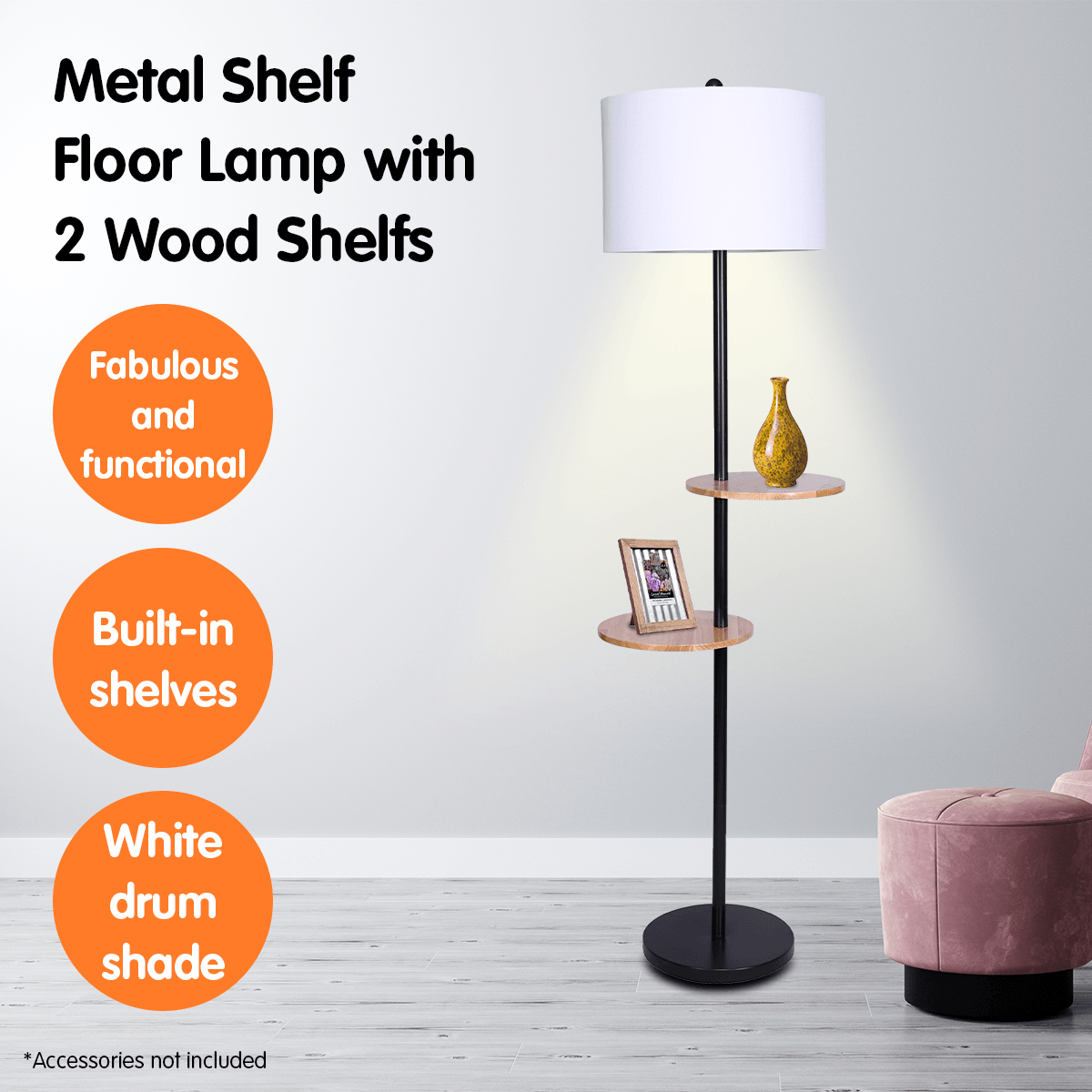 Sarantino Metal Floor Lamp Shade with Black Post in Round Wood Shelves - Harrogates
