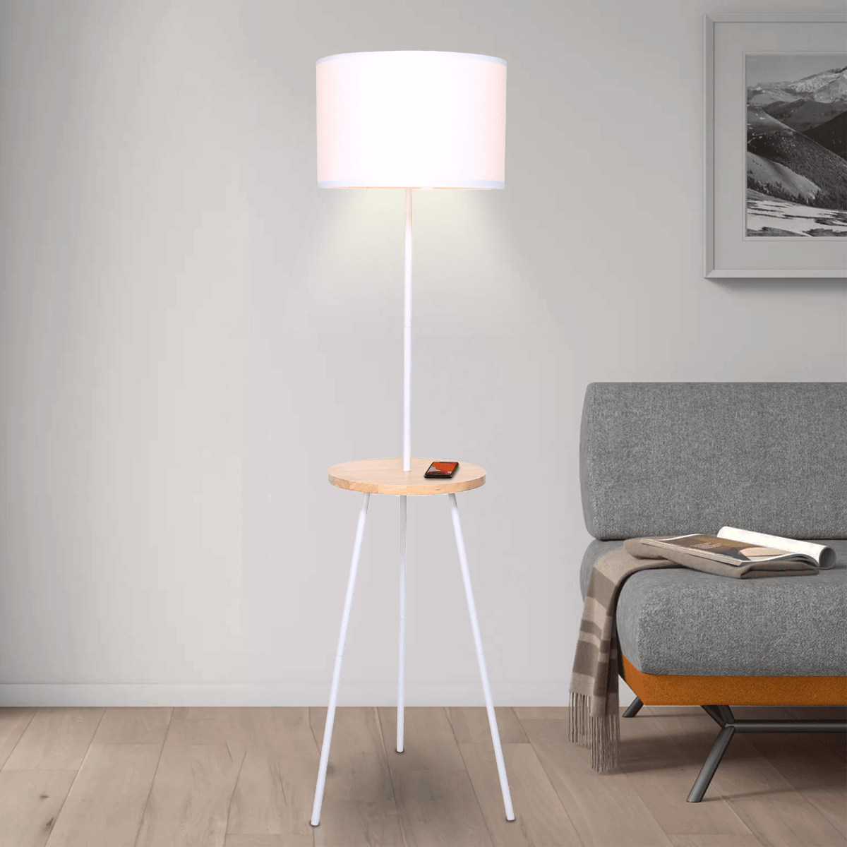 Sarantino Metal Tripod Floor Lamp Shade with Wooden Table Shelf - Harrogates