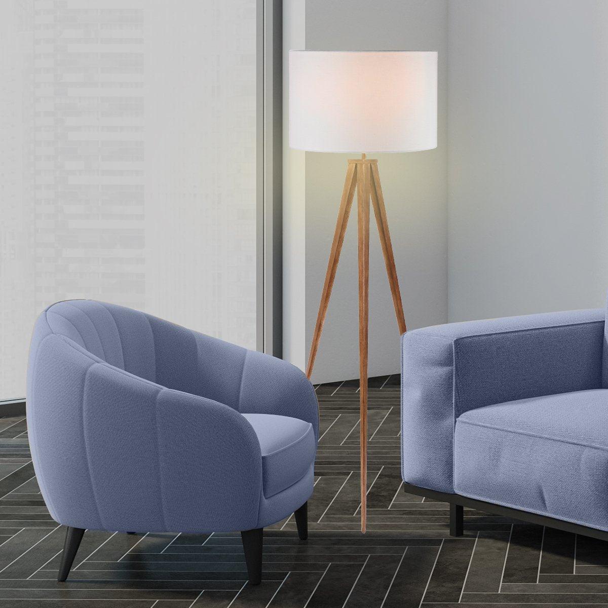 Sarantino Metal Tripod Floor Spot Lamp Shade Drum in Wooden Finish - Harrogates