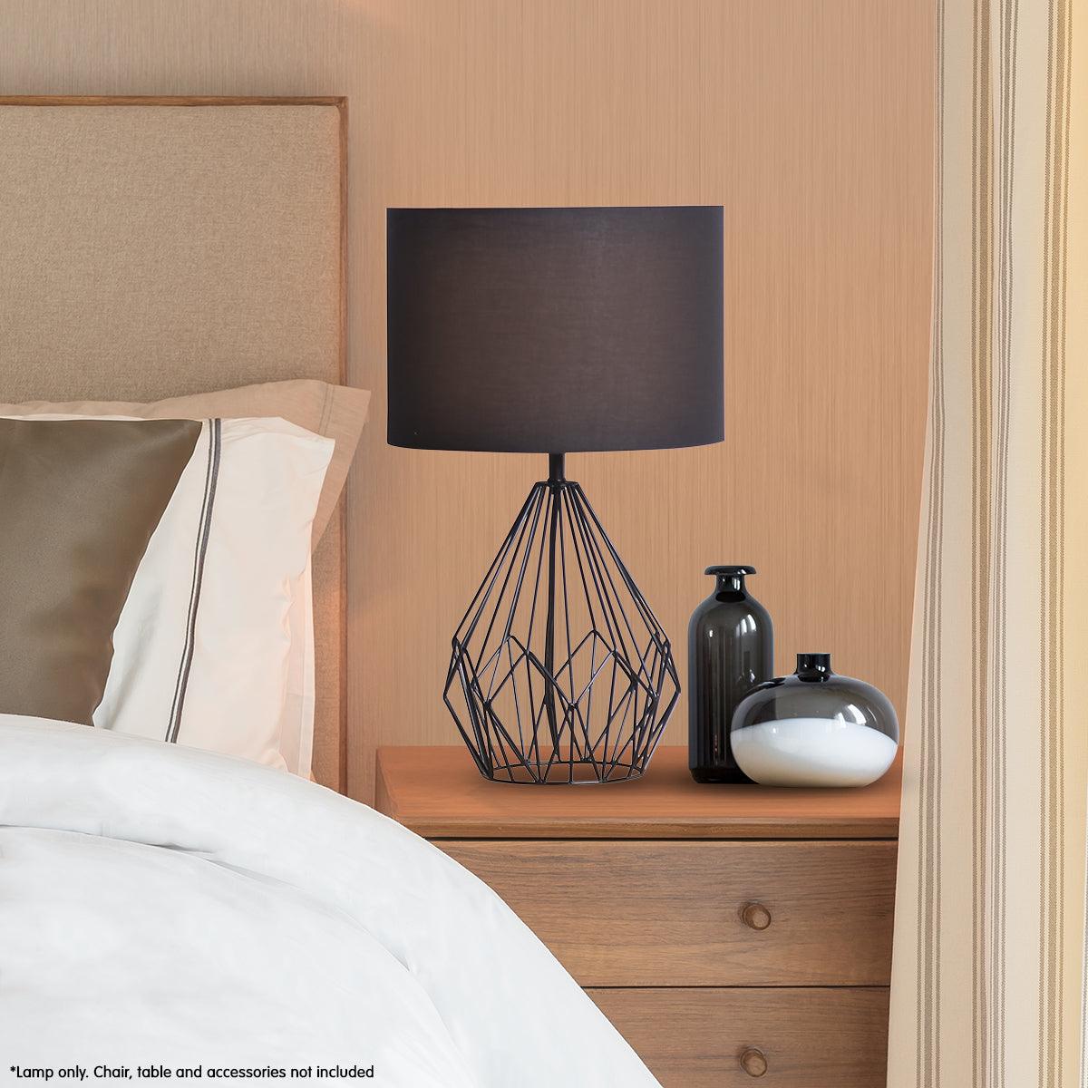 Sarantino Metal Wire Table Lamp in Black Finish With Black Drum Shade - Harrogates