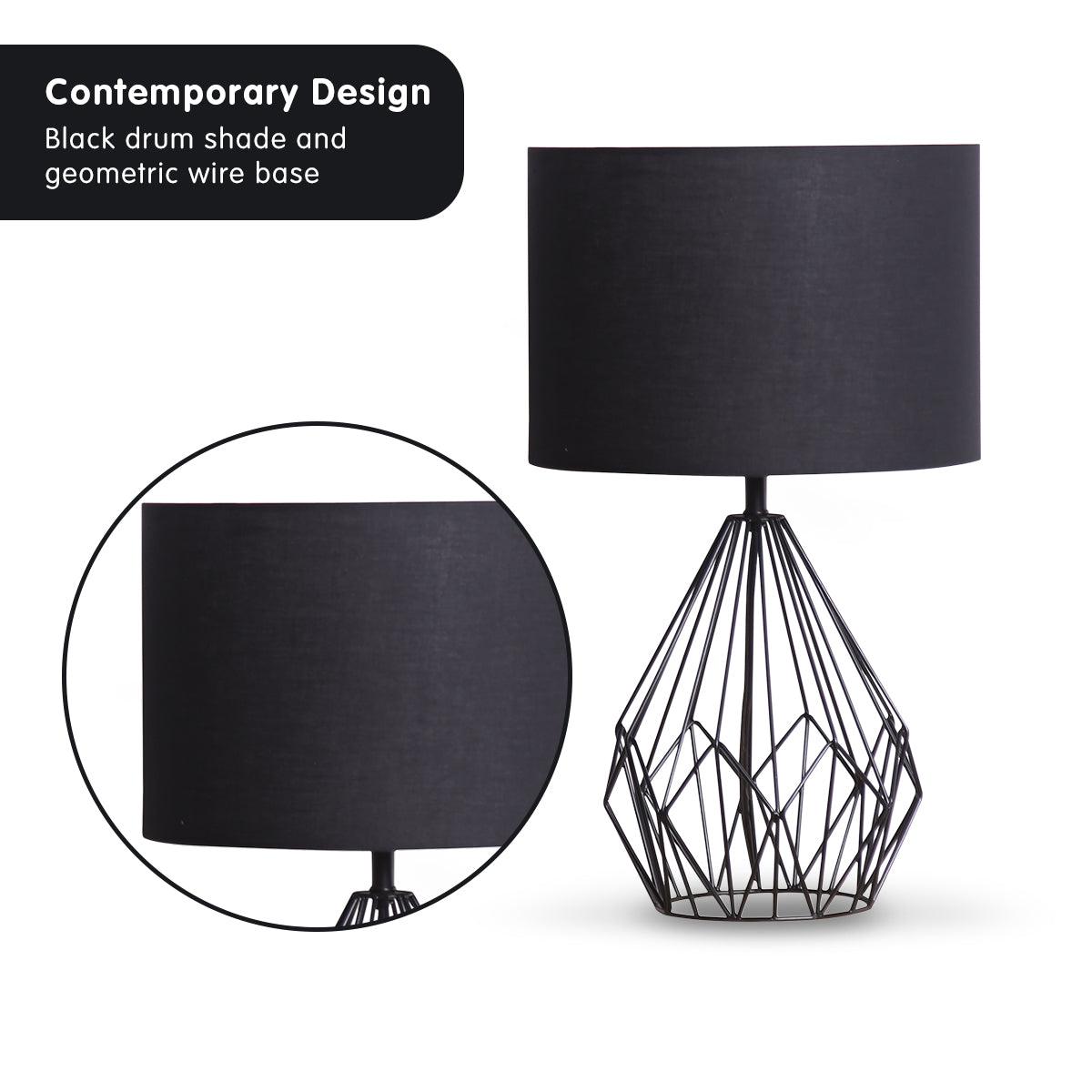 Sarantino Metal Wire Table Lamp in Black Finish With Black Drum Shade - Harrogates