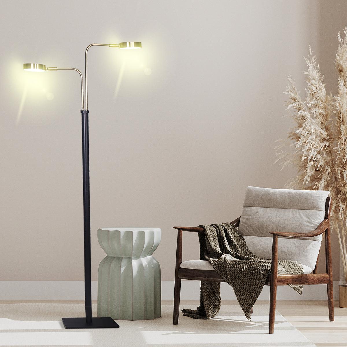 Sarantino LED Metal Floor Lamp with 2 Lights in Brushed Gold and Black Finish - Harrogates