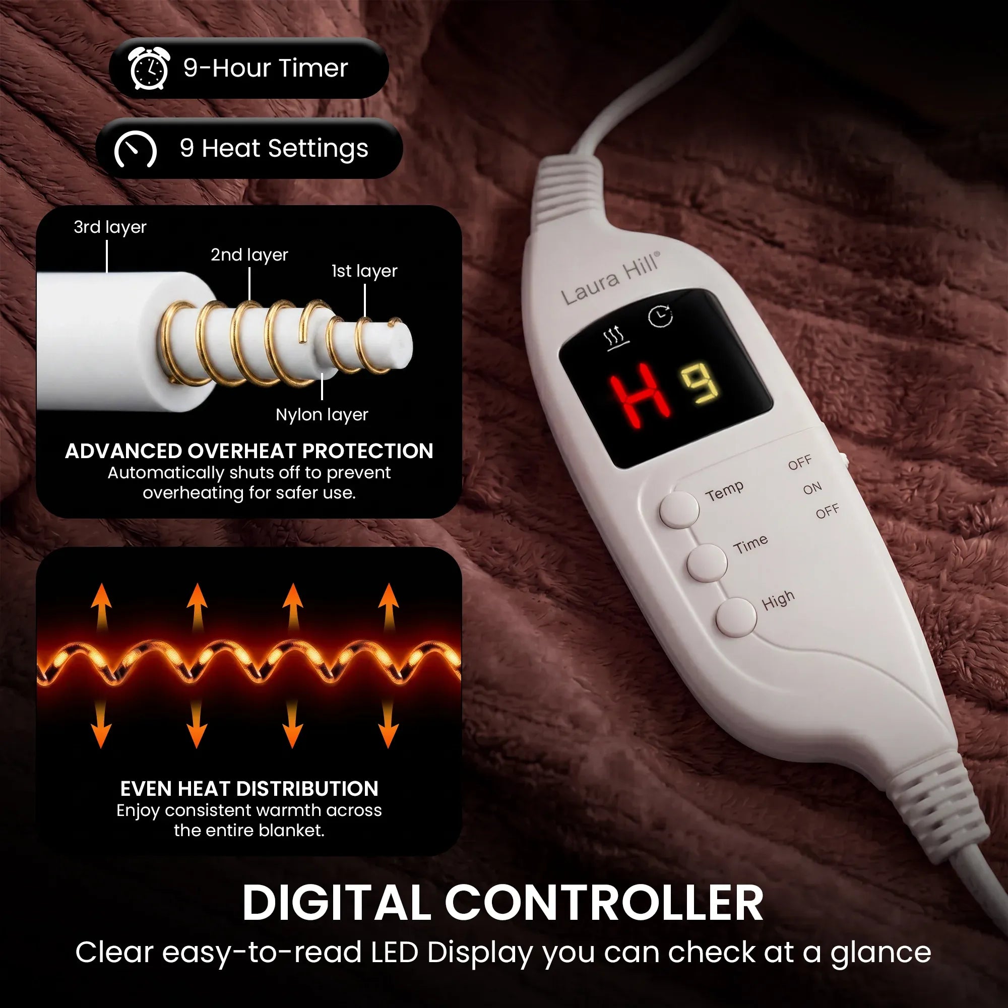 Laura Hill Electric Heated Blanket Throw Soft Coral Fleece w/ 9 Heat Settings - Brown