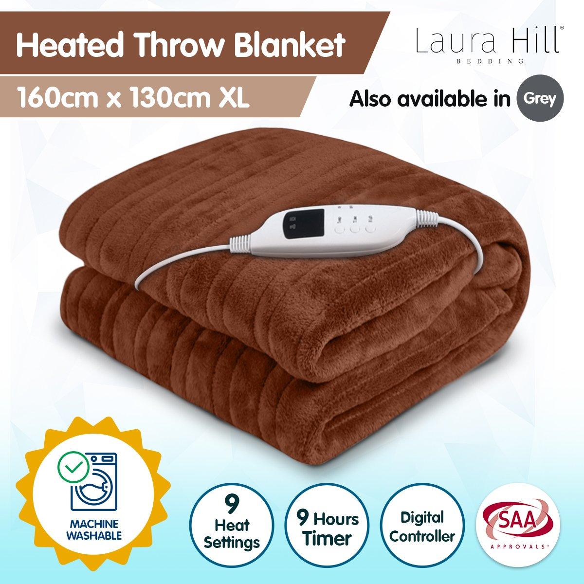 Laura Hill Heated Electric Blanket Throw Rug Coral Warm Fleece Brown - Harrogates