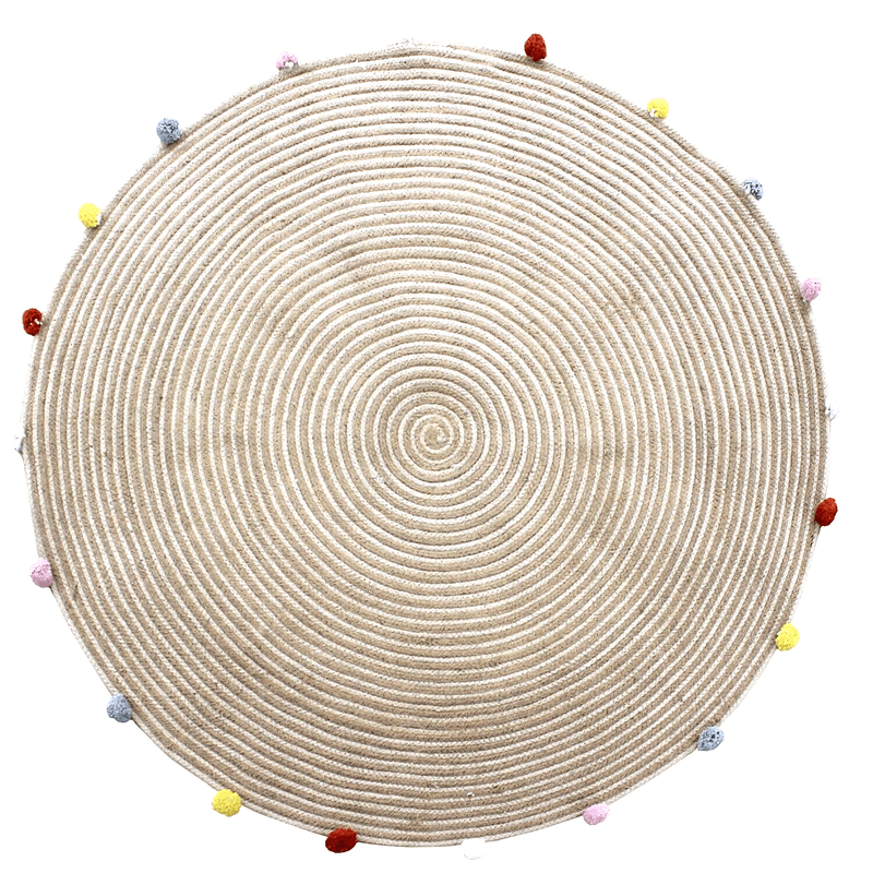 Round Woven Jute Cotton Multicolour Pompom Rug 120 cm - Harrogates