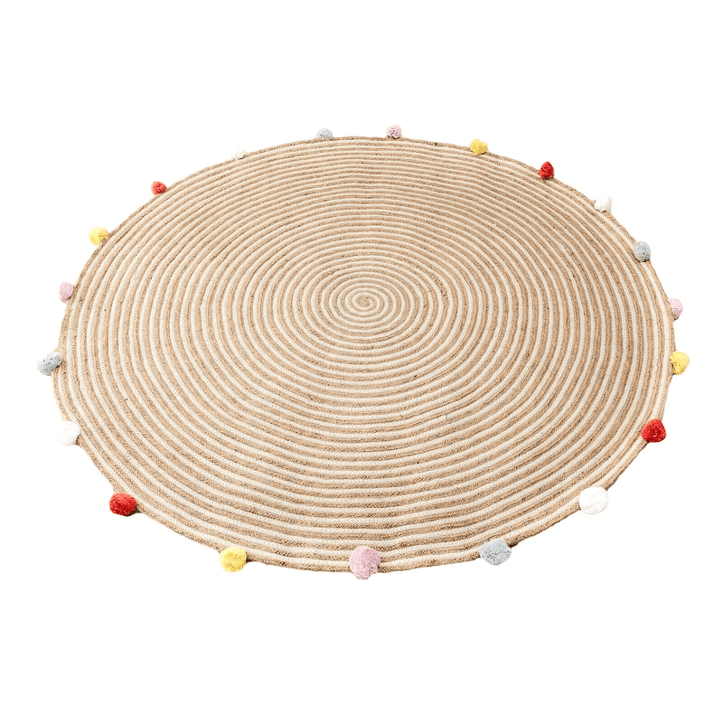 Round Woven Jute Cotton Multicolour Pompom Rug 120 cm - Harrogates
