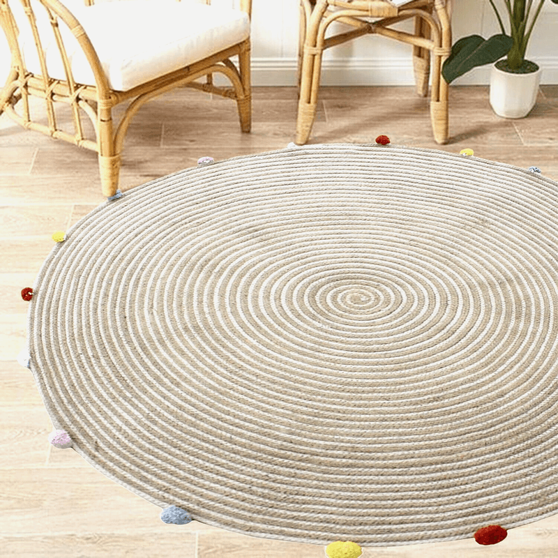 Round Woven Jute Cotton Multicolour Pompom Rug 120 cm - Harrogates