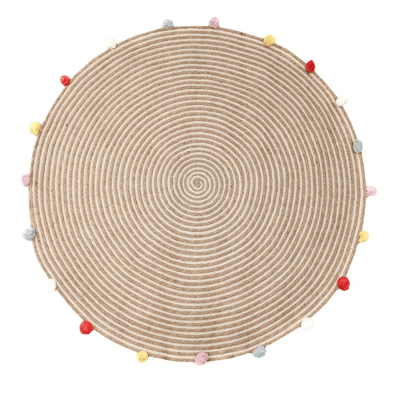 Round Woven Jute Cotton Multicolour Pompom Rug 120 cm - Harrogates
