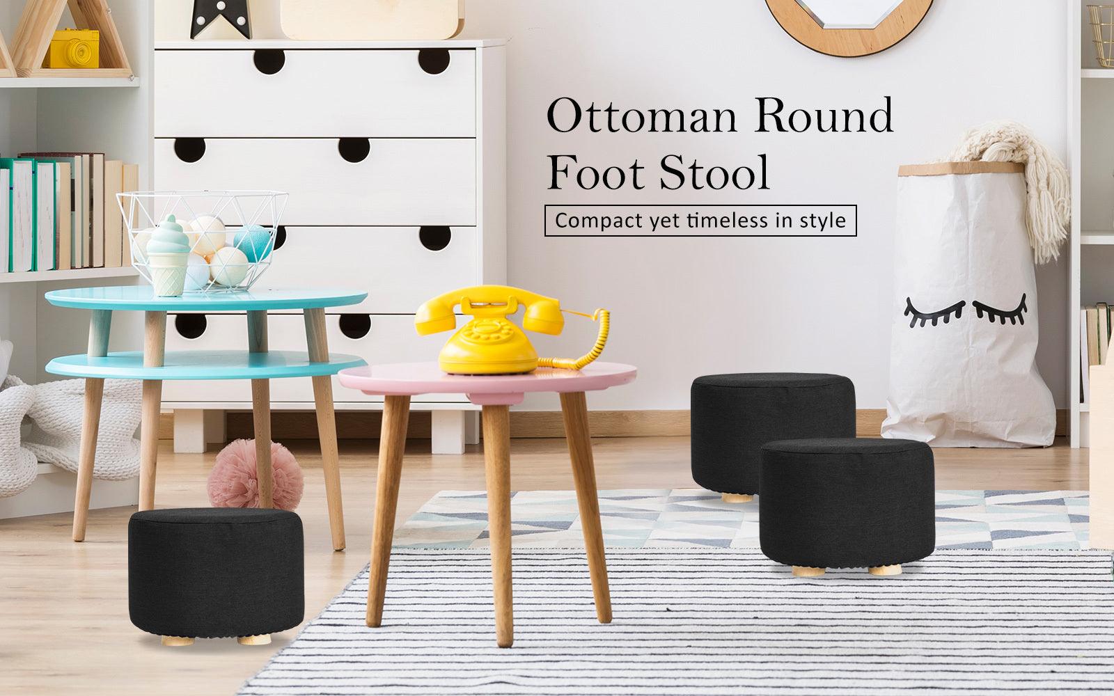 2X Fabric Ottoman Round Wooden Leg Foot Stool - BLACK - Harrogates