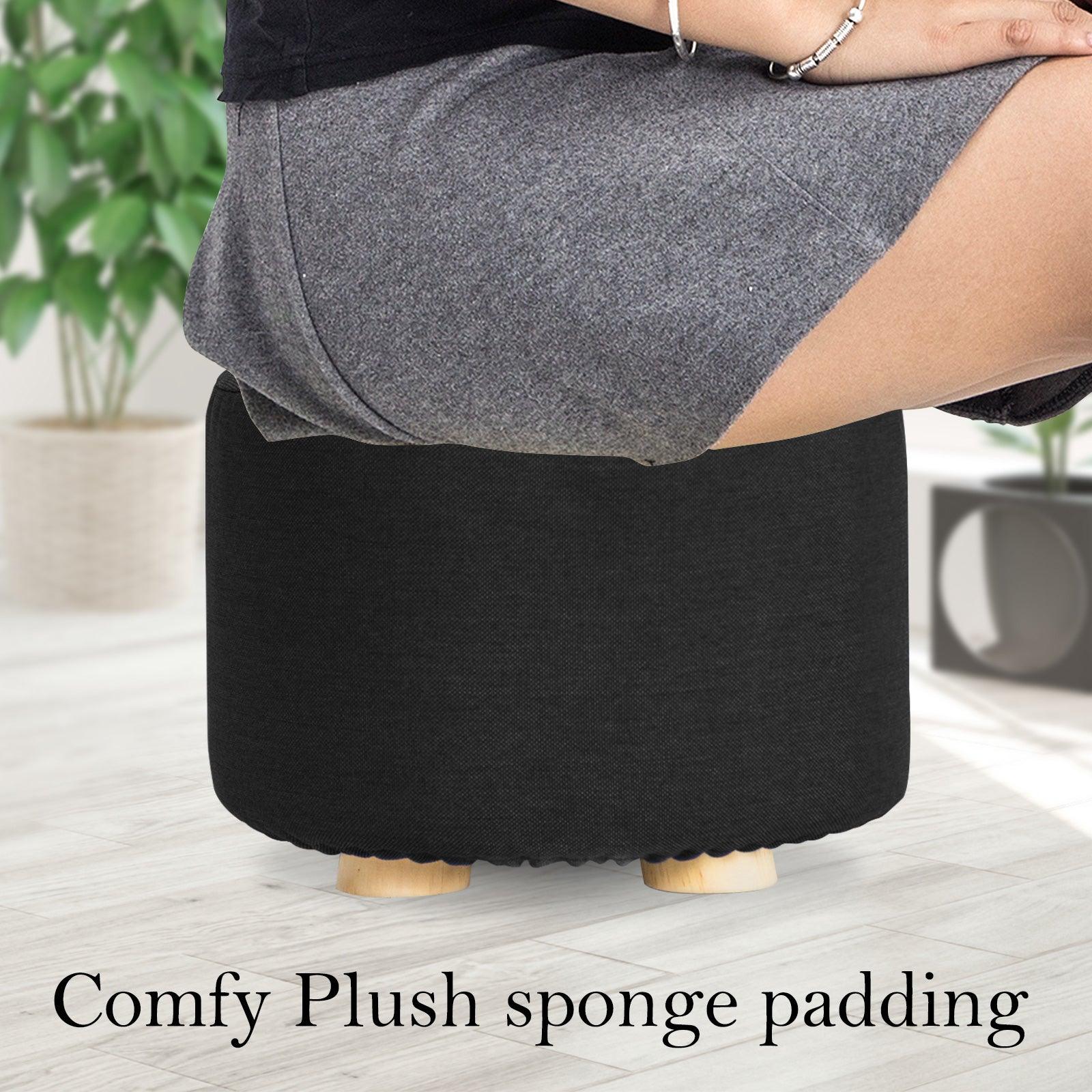 2X Fabric Ottoman Round Wooden Leg Foot Stool - BLACK - Harrogates
