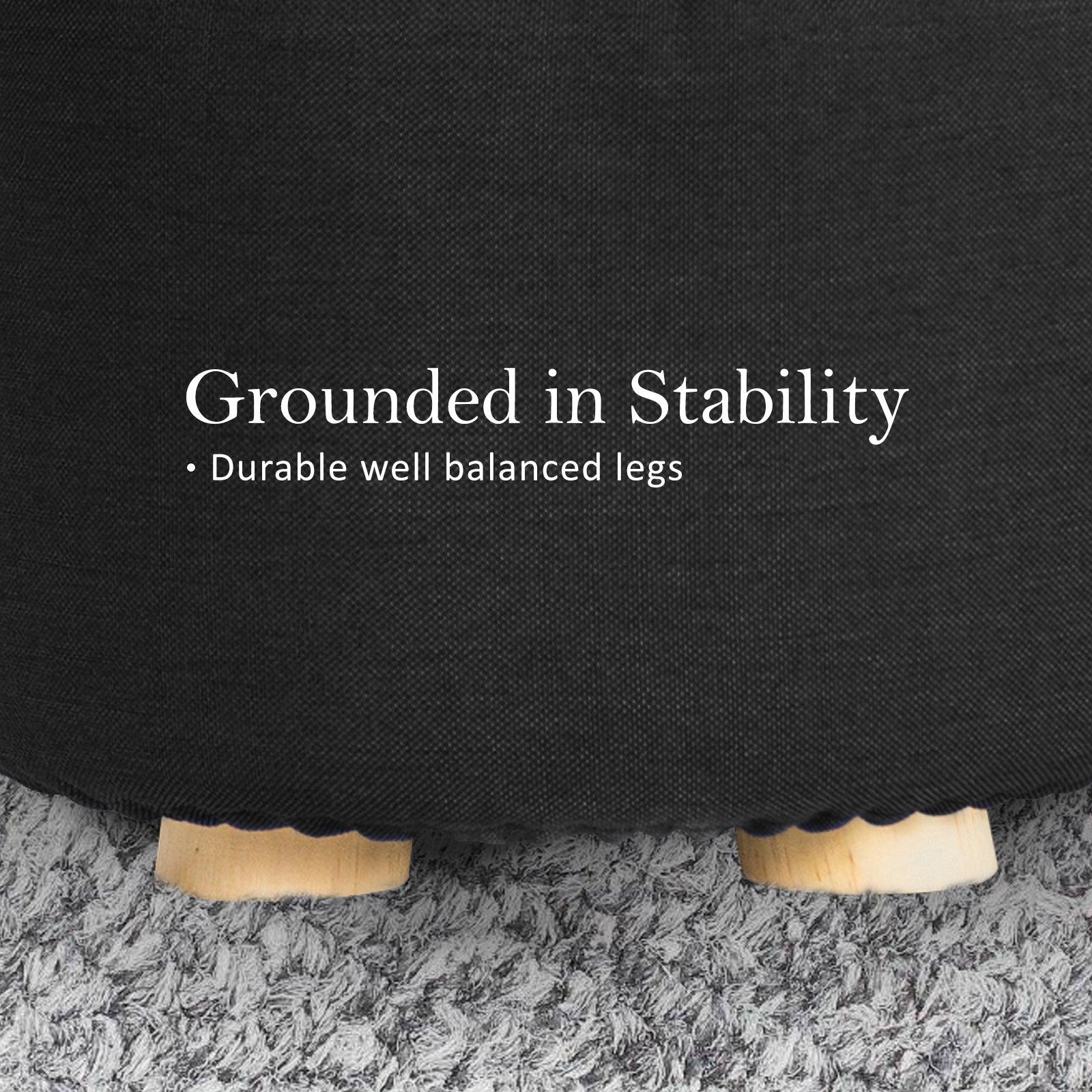 2X Fabric Ottoman Round Wooden Leg Foot Stool - BLACK - Harrogates