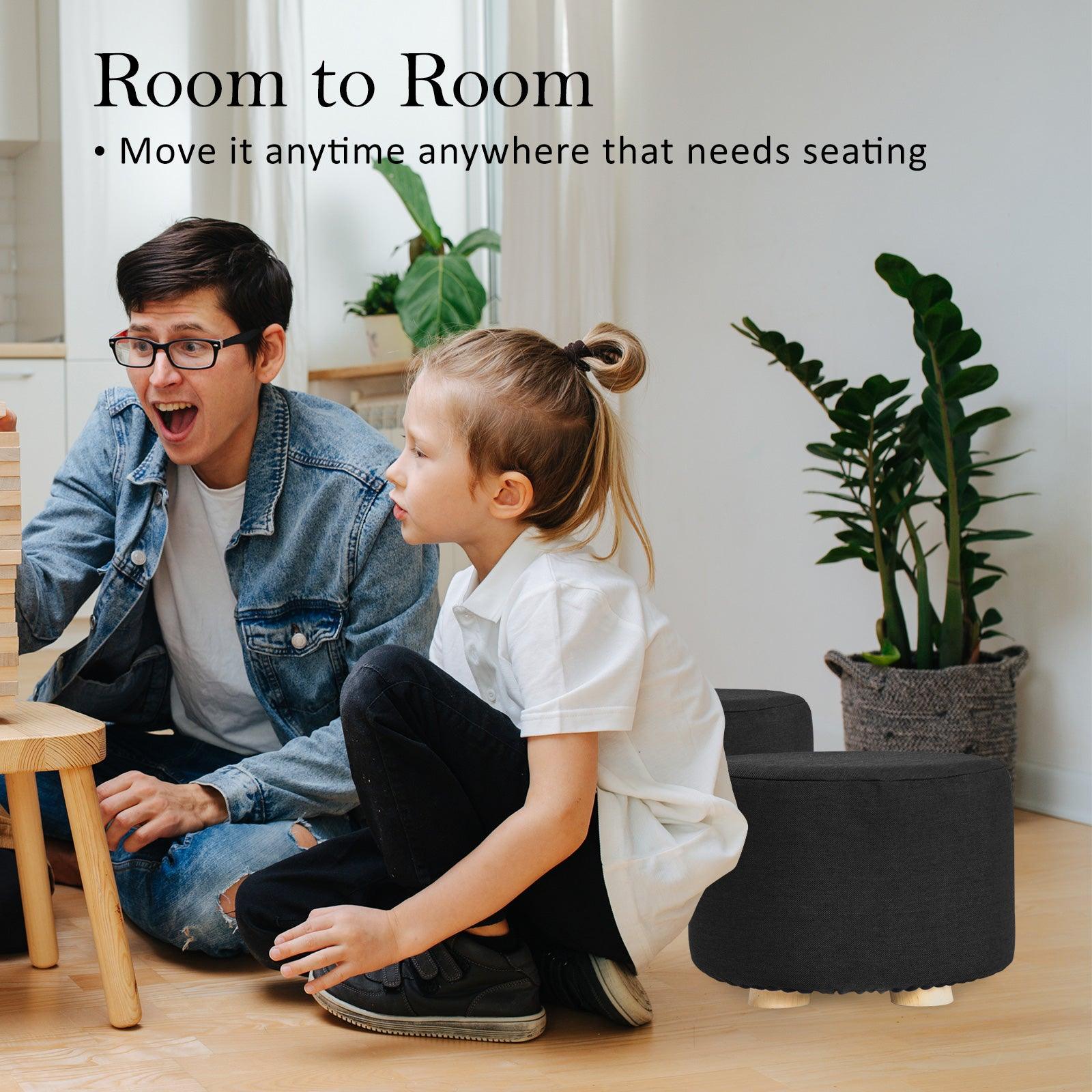 2X Fabric Ottoman Round Wooden Leg Foot Stool - BLACK - Harrogates