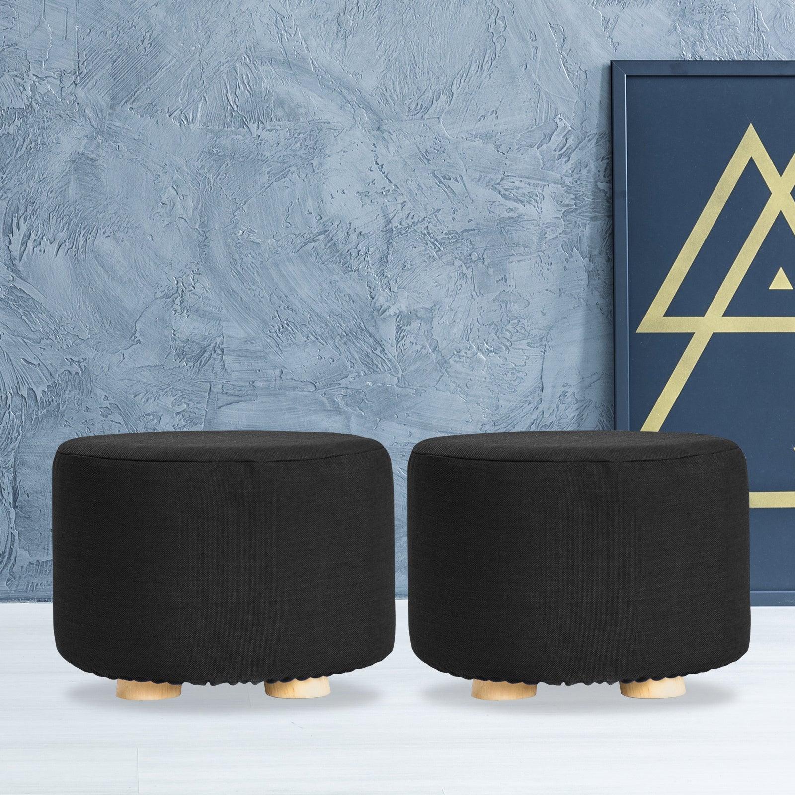 2X Fabric Ottoman Round Wooden Leg Foot Stool - BLACK - Harrogates