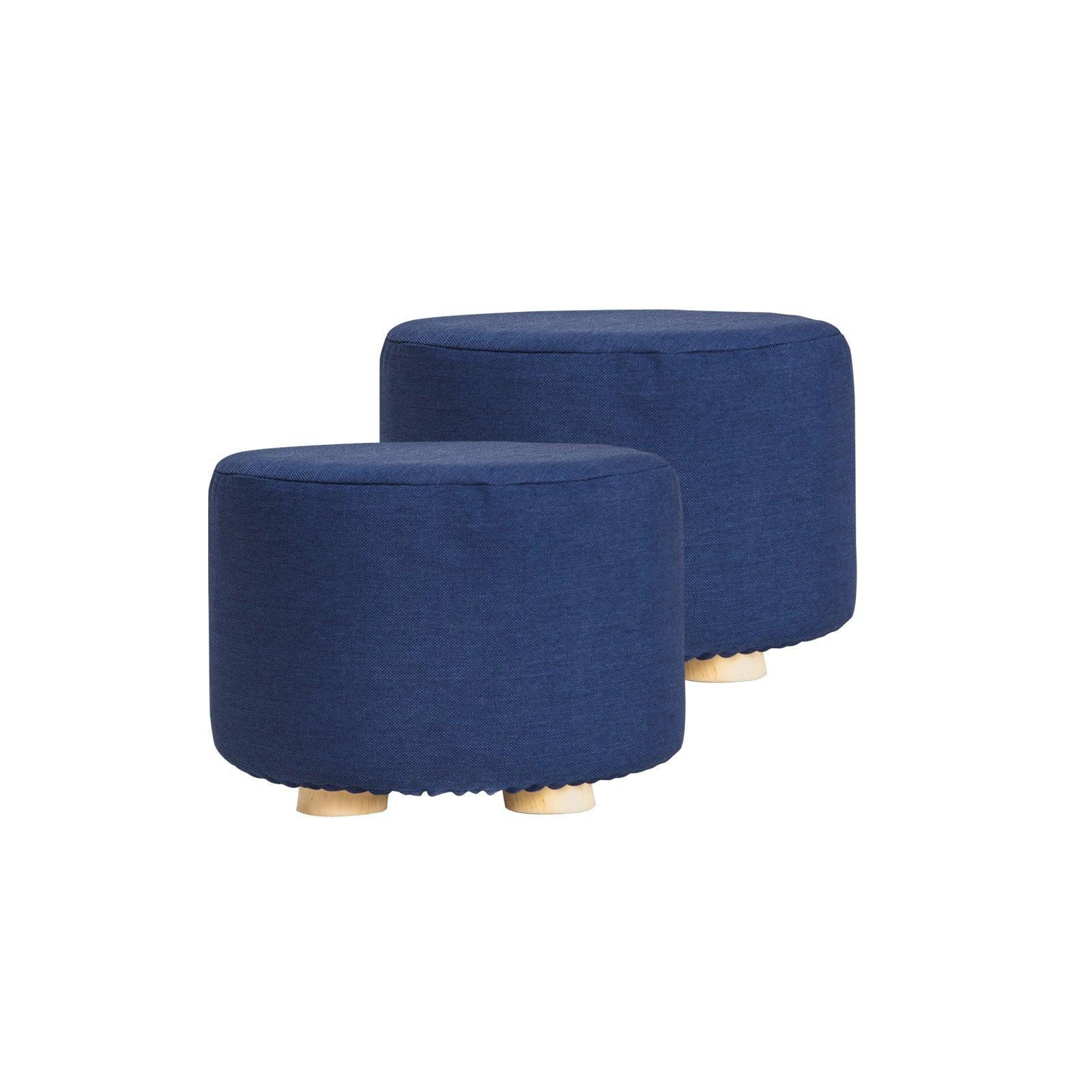 2X Fabric Ottoman Round Wooden Leg Foot Stool - DARK BLUE - Harrogates