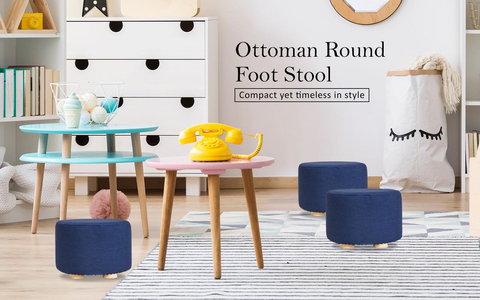 2X Fabric Ottoman Round Wooden Leg Foot Stool - DARK BLUE - Harrogates