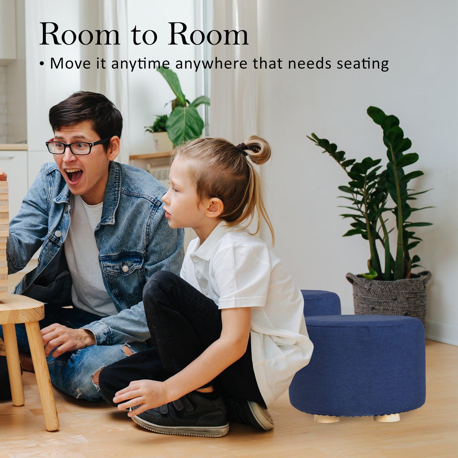 2X Fabric Ottoman Round Wooden Leg Foot Stool - DARK BLUE - Harrogates