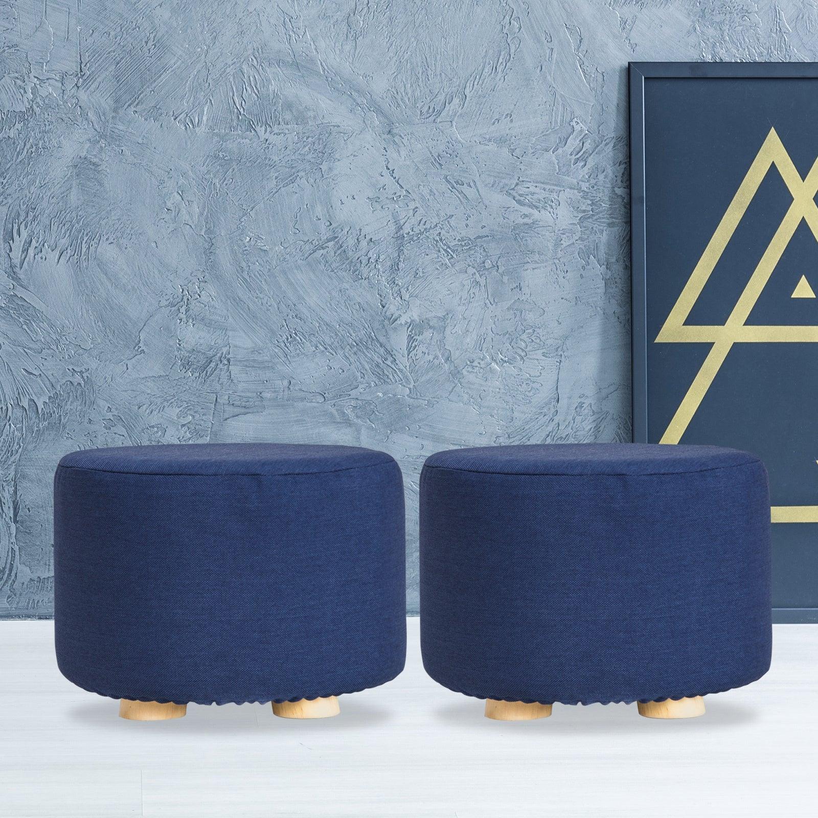2X Fabric Ottoman Round Wooden Leg Foot Stool - DARK BLUE - Harrogates