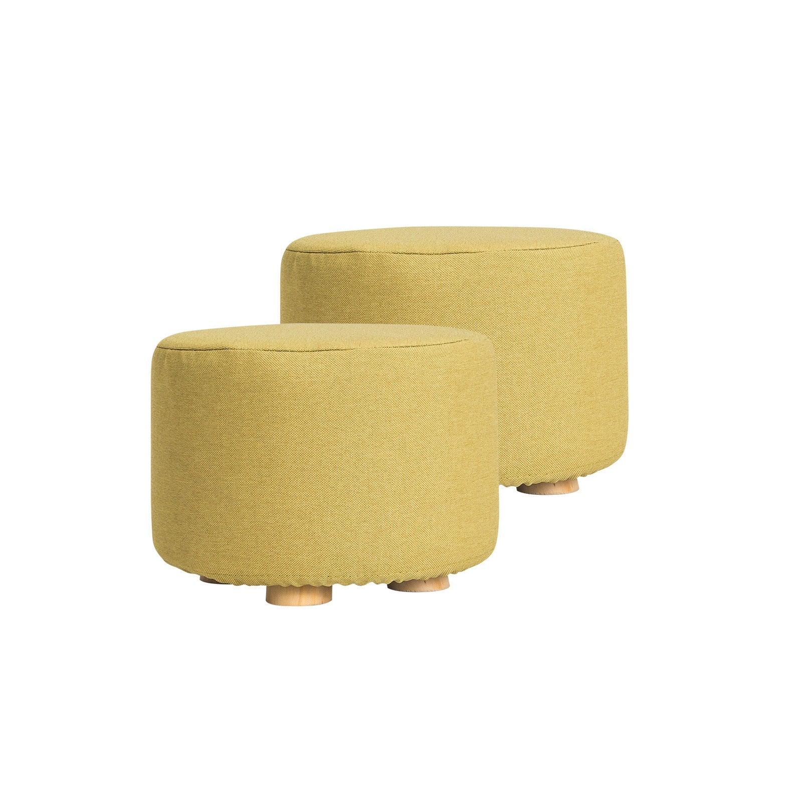 2X Fabric Ottoman Round Wooden Leg Foot Stool - Mustard Yellow - Harrogates