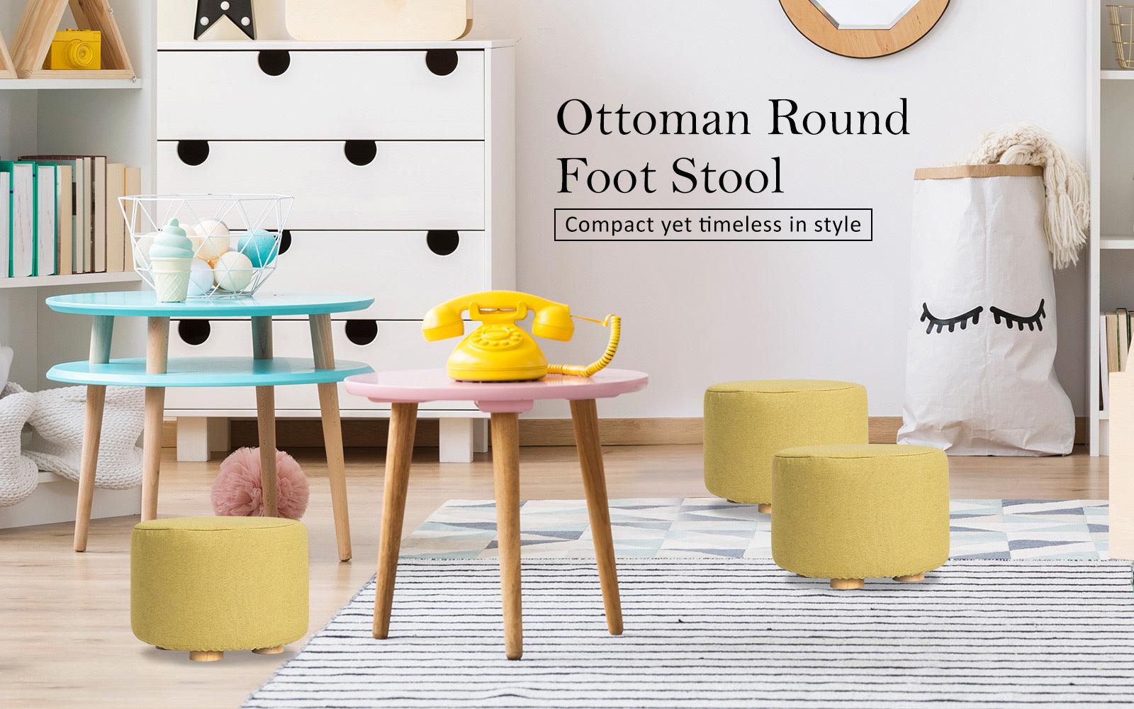 2X Fabric Ottoman Round Wooden Leg Foot Stool - Mustard Yellow - Harrogates