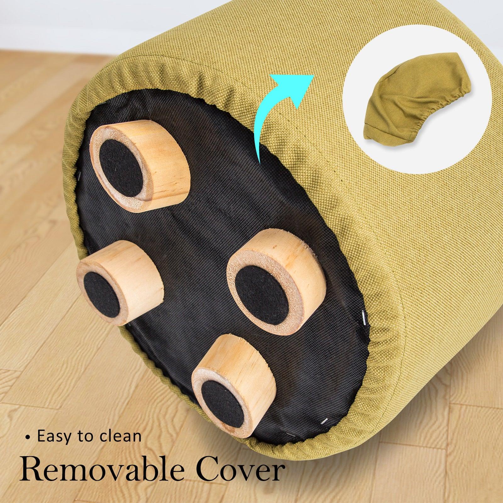 2X Fabric Ottoman Round Wooden Leg Foot Stool - Mustard Yellow - Harrogates