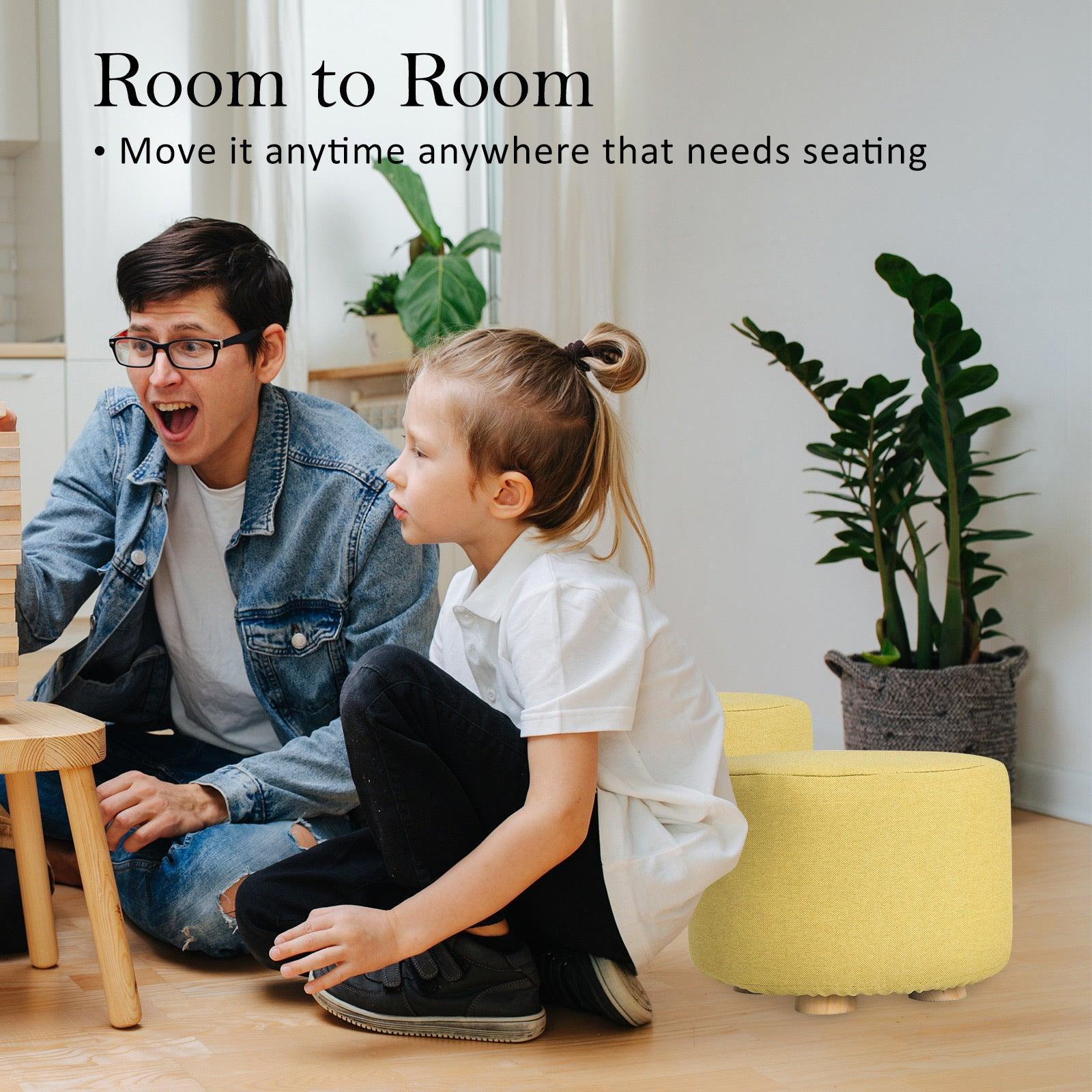 2X Fabric Ottoman Round Wooden Leg Foot Stool - Mustard Yellow - Harrogates