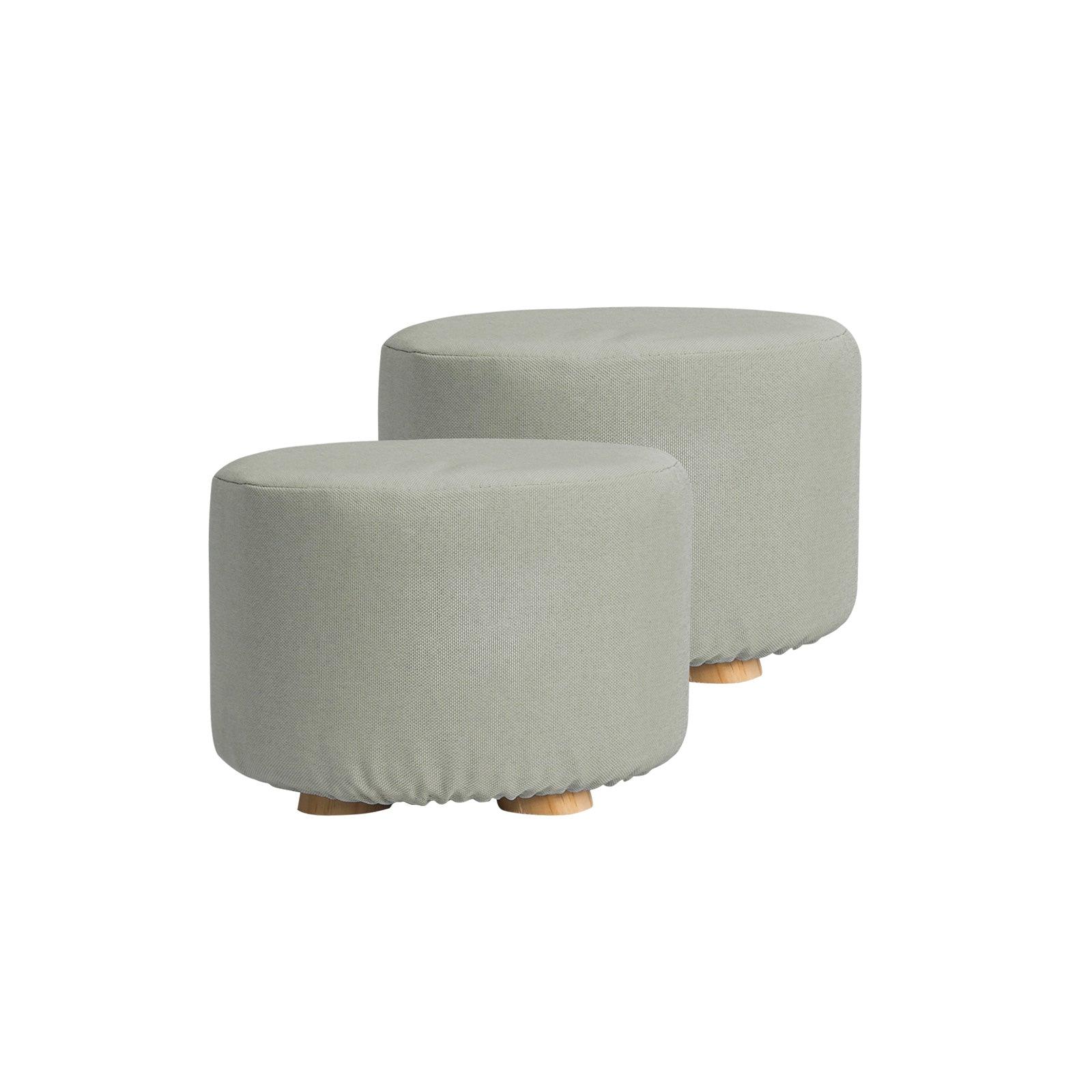 2X Fabric Ottoman Round Wooden Leg Foot Stool - GREY - Harrogates