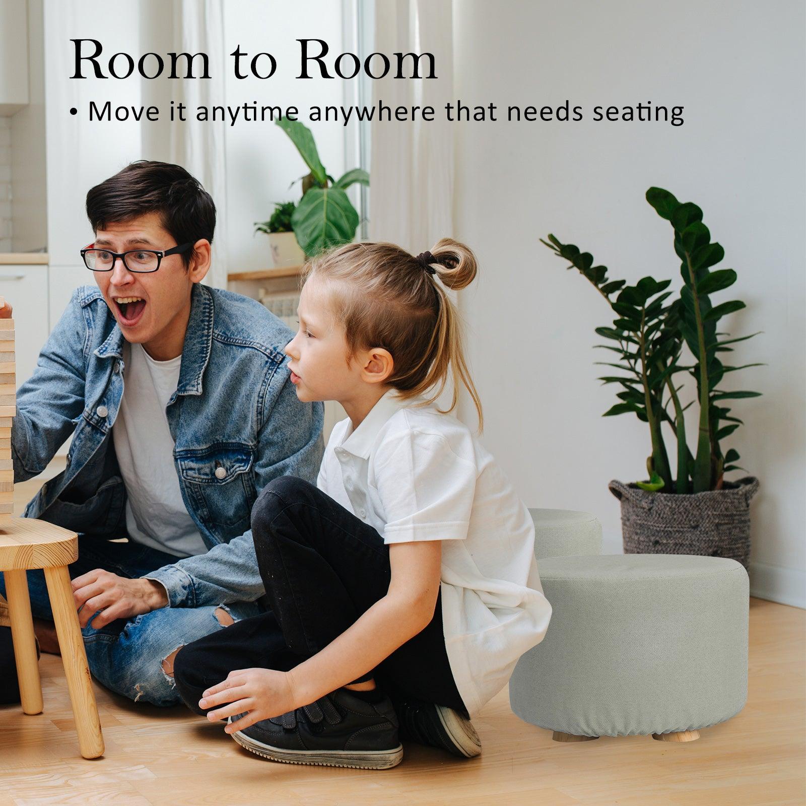 2X Fabric Ottoman Round Wooden Leg Foot Stool - GREY - Harrogates