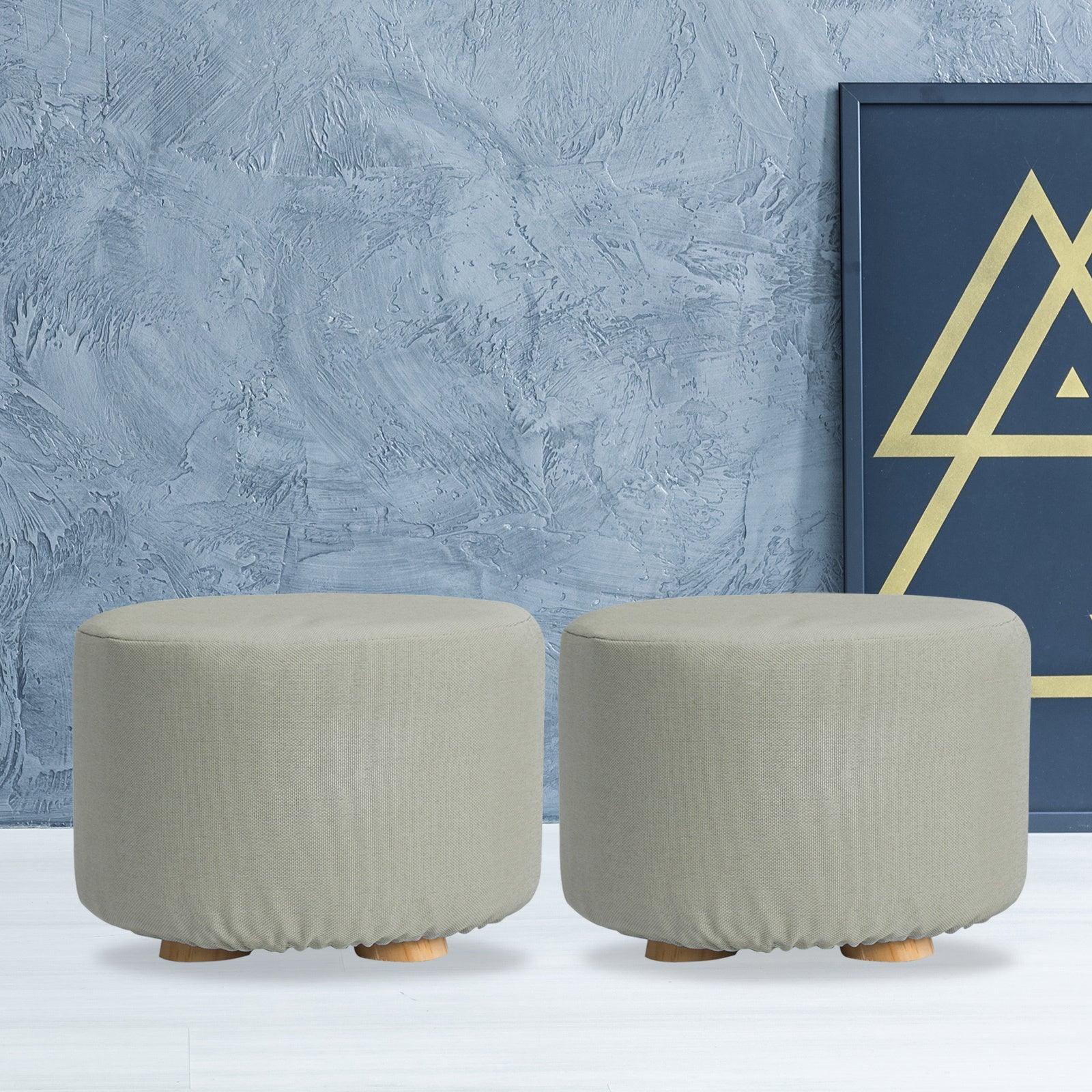 2X Fabric Ottoman Round Wooden Leg Foot Stool - GREY - Harrogates