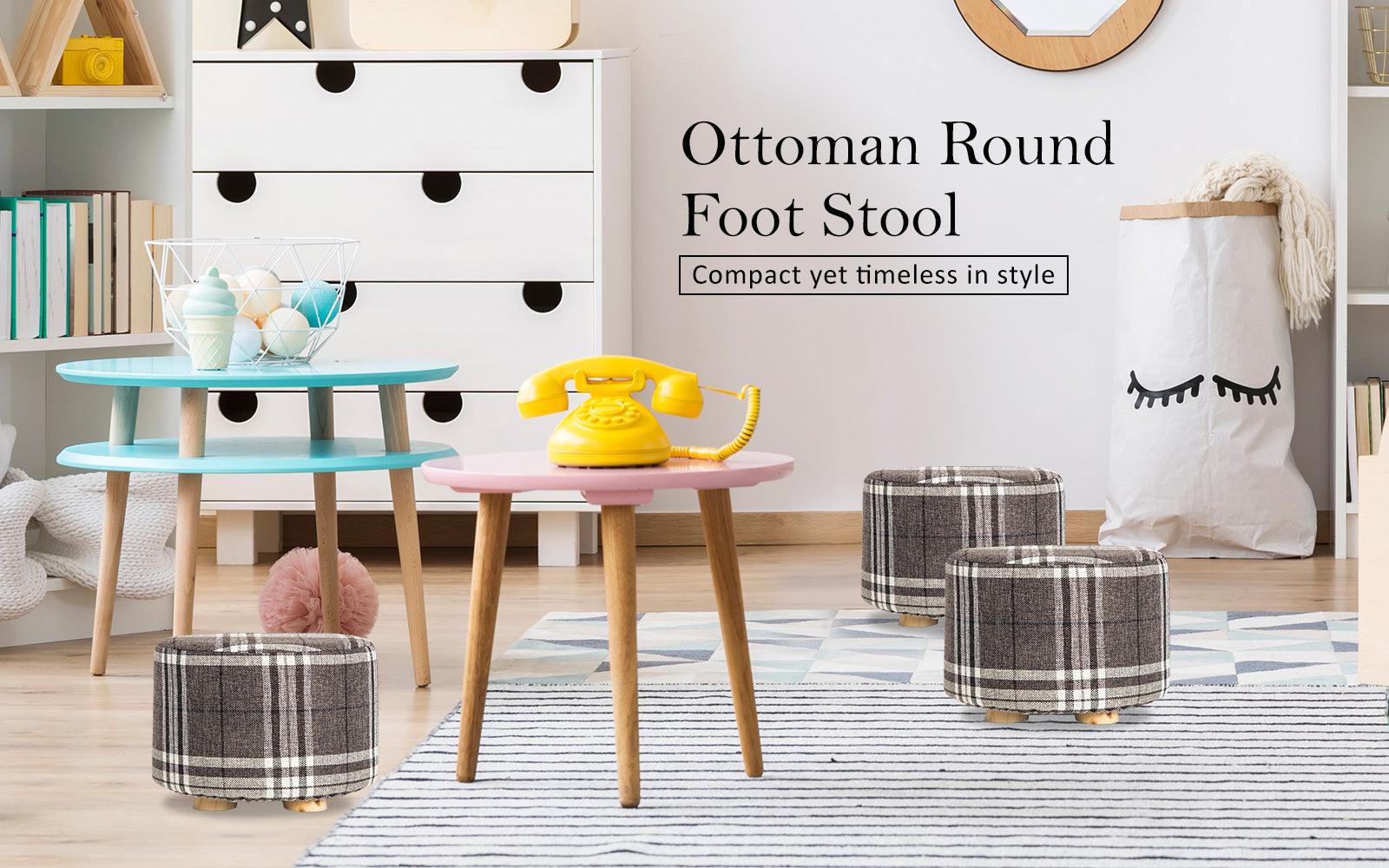 2X Fabric Ottoman Round Wooden Leg Foot Stool - LATTICE - Harrogates