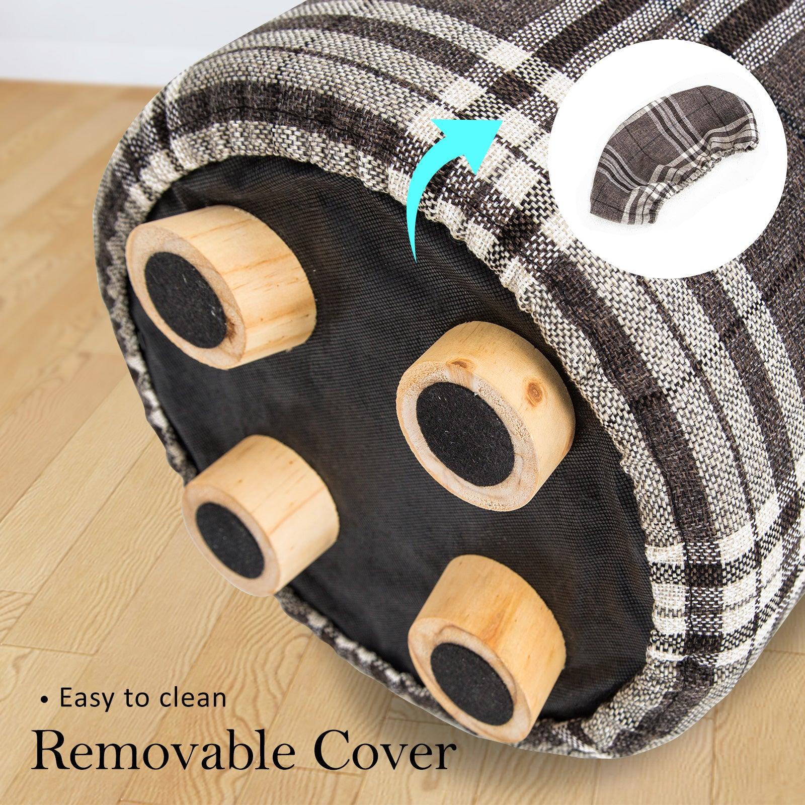 2X Fabric Ottoman Round Wooden Leg Foot Stool - LATTICE - Harrogates