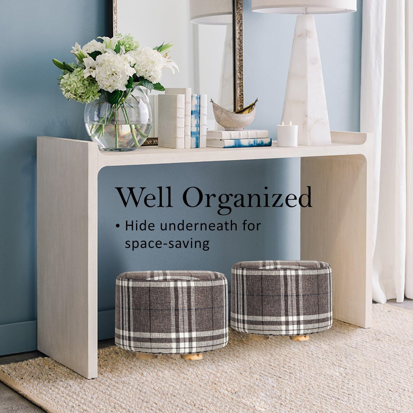 2X Fabric Ottoman Round Wooden Leg Foot Stool - LATTICE - Harrogates