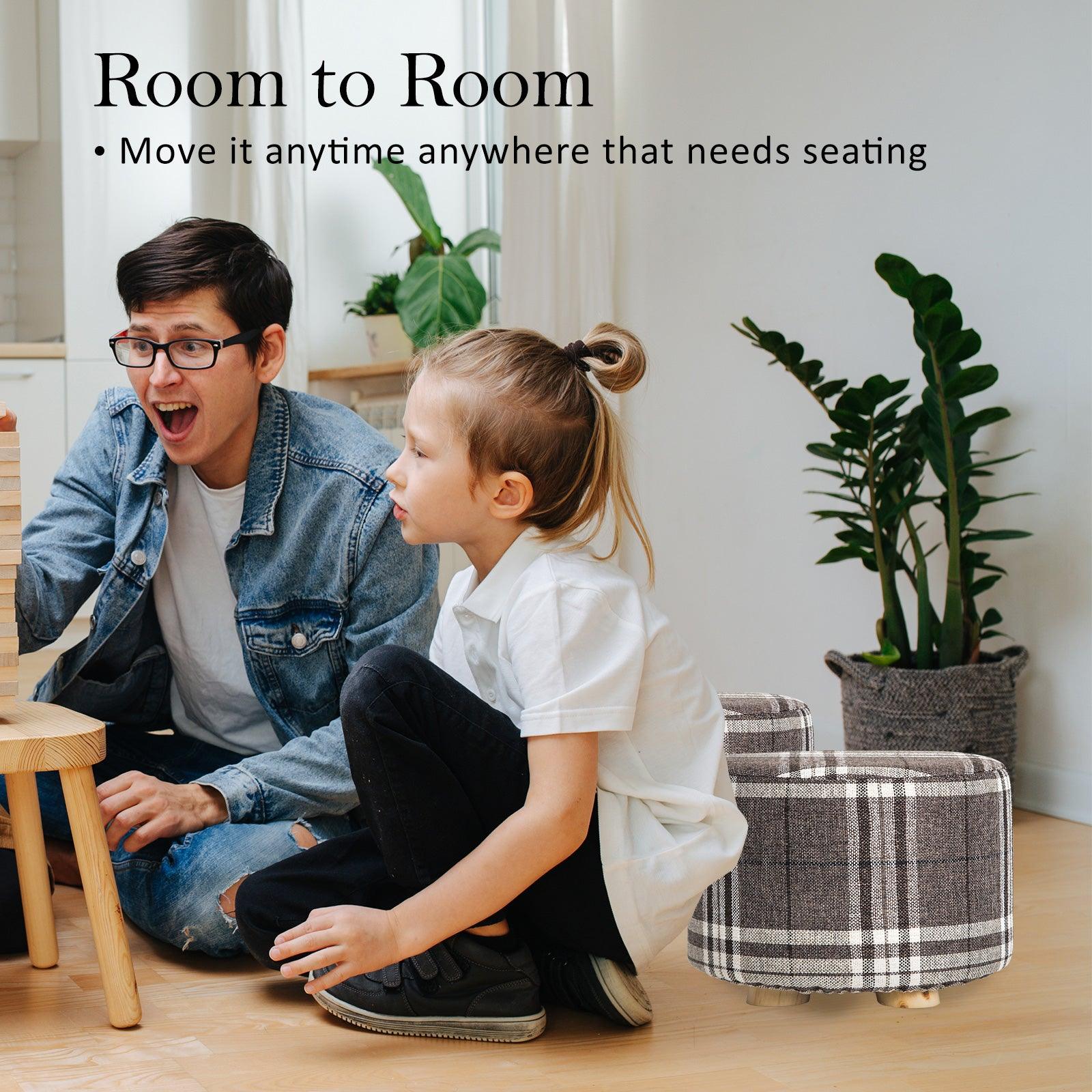 2X Fabric Ottoman Round Wooden Leg Foot Stool - LATTICE - Harrogates