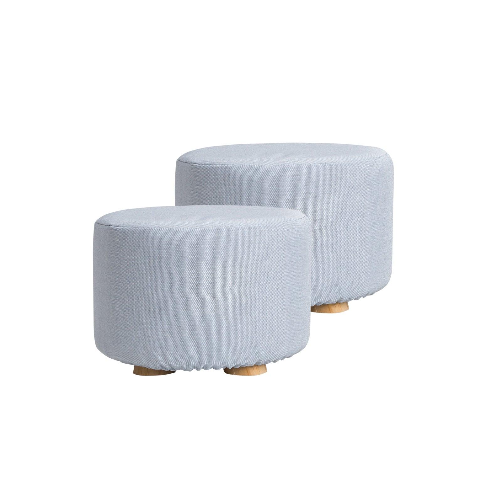 2X Fabric Ottoman Round Wooden Leg Foot Stool - LIGHT BLUE - Harrogates