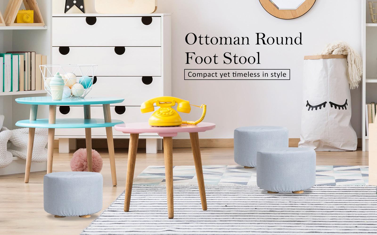 2X Fabric Ottoman Round Wooden Leg Foot Stool - LIGHT BLUE - Harrogates