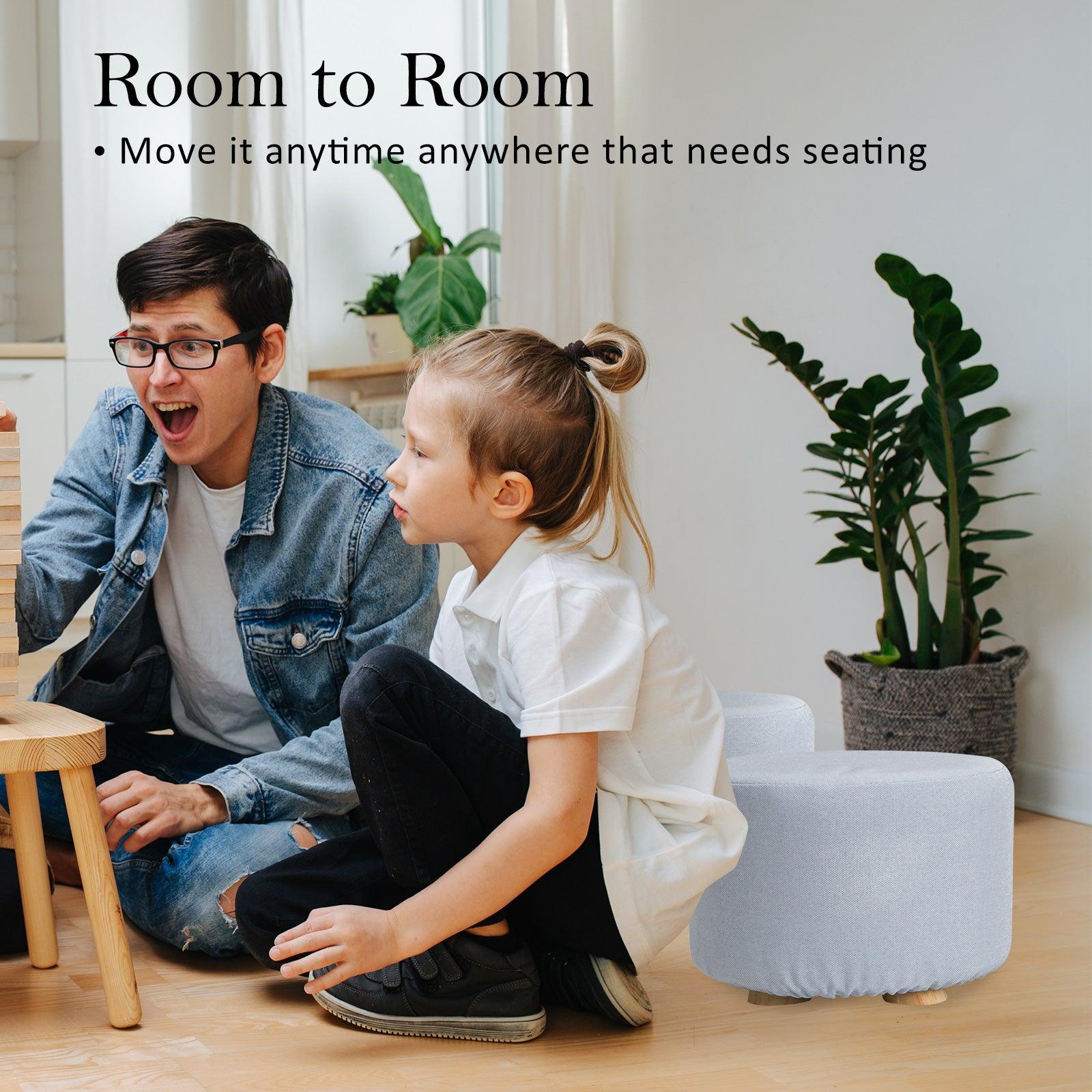 2X Fabric Ottoman Round Wooden Leg Foot Stool - LIGHT BLUE - Harrogates