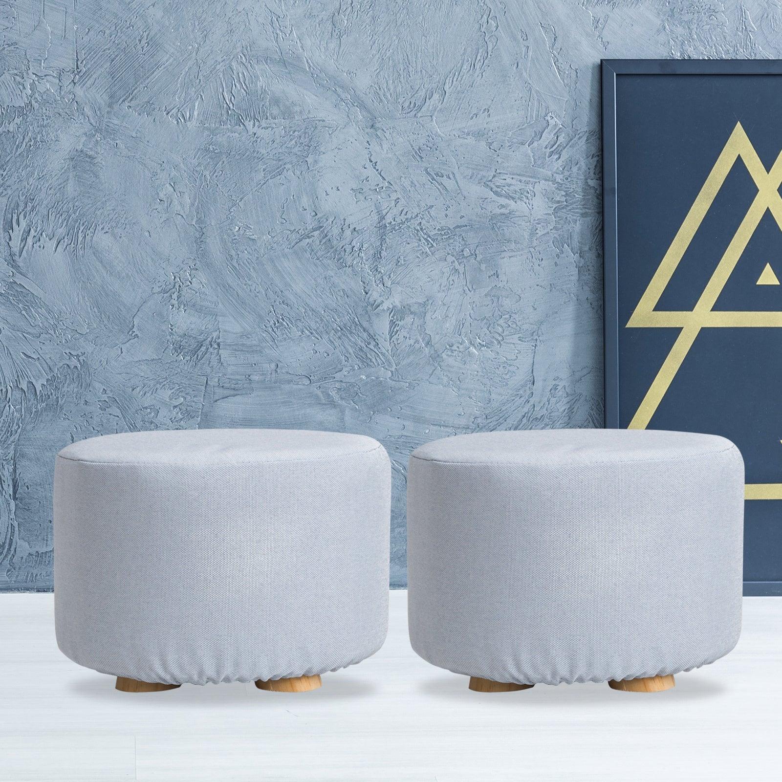 2X Fabric Ottoman Round Wooden Leg Foot Stool - LIGHT BLUE - Harrogates