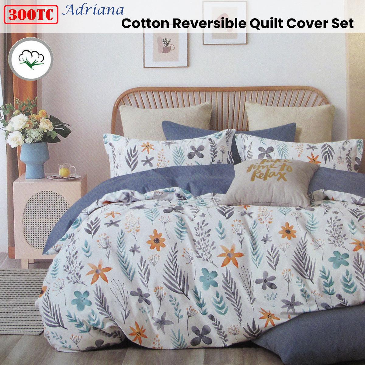 300TC Adriana Reversible Cotton Quilt Cover Set Queen - Harrogates