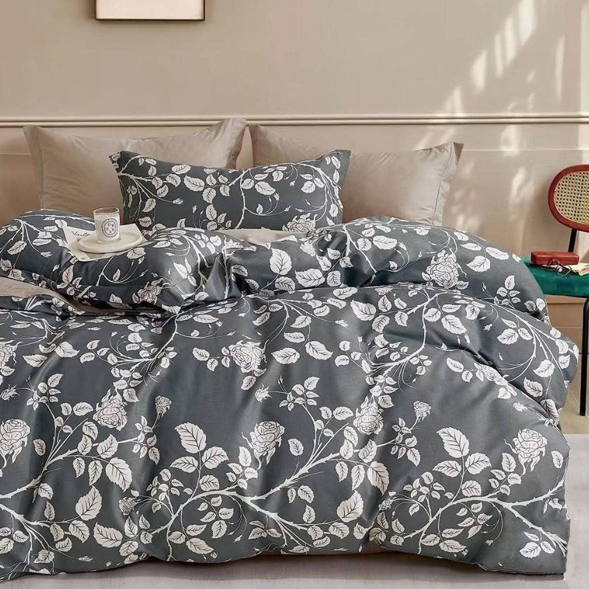 300TC Gardenia Charcoal Reversible Cotton Quilt Cover Set Queen - Harrogates
