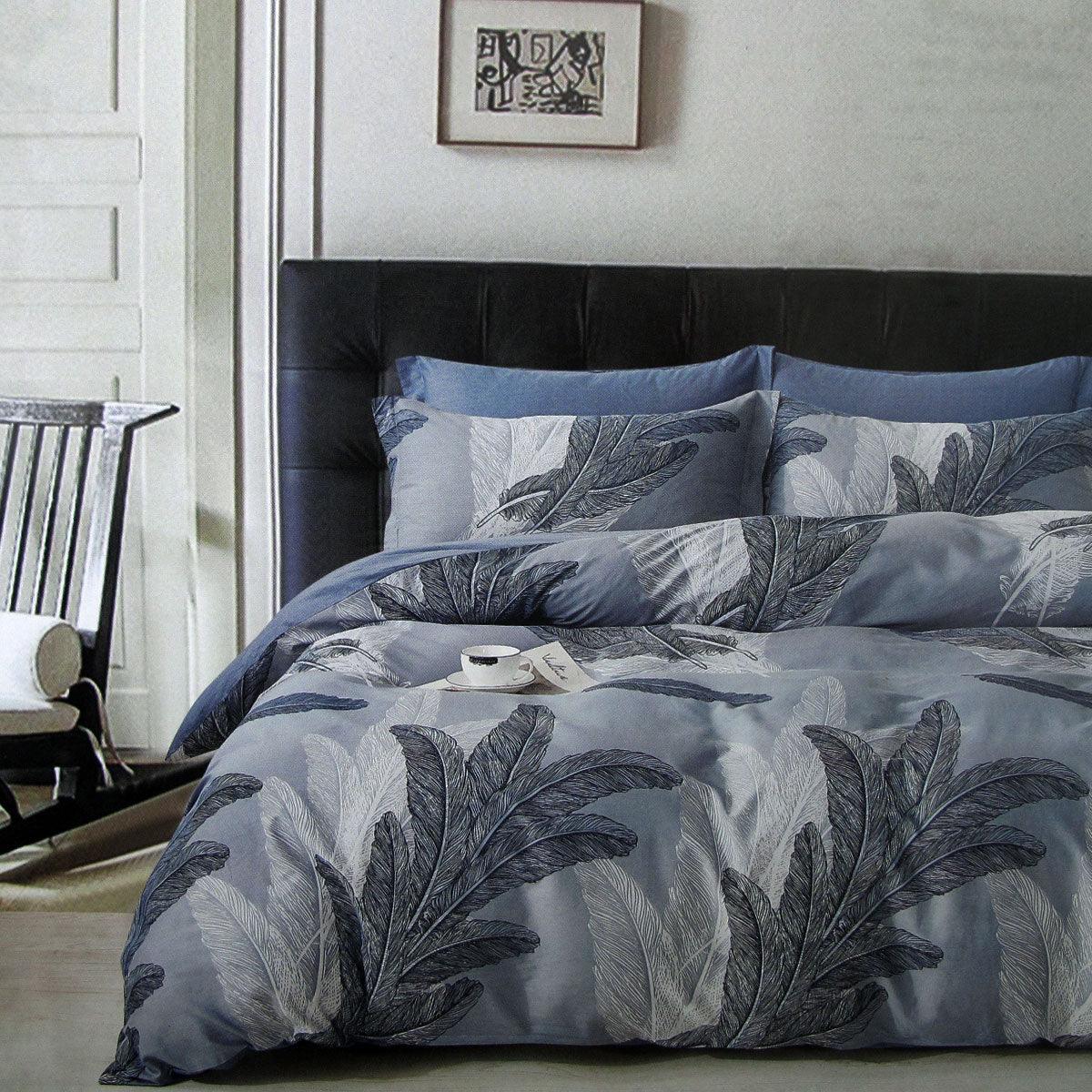 300TC Palm Leaf Blue Reversible Cotton Quilt Cover Set Queen - Harrogates
