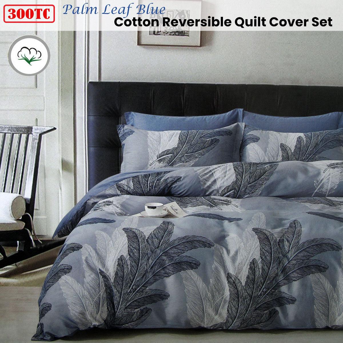 300TC Palm Leaf Blue Reversible Cotton Quilt Cover Set Queen - Harrogates
