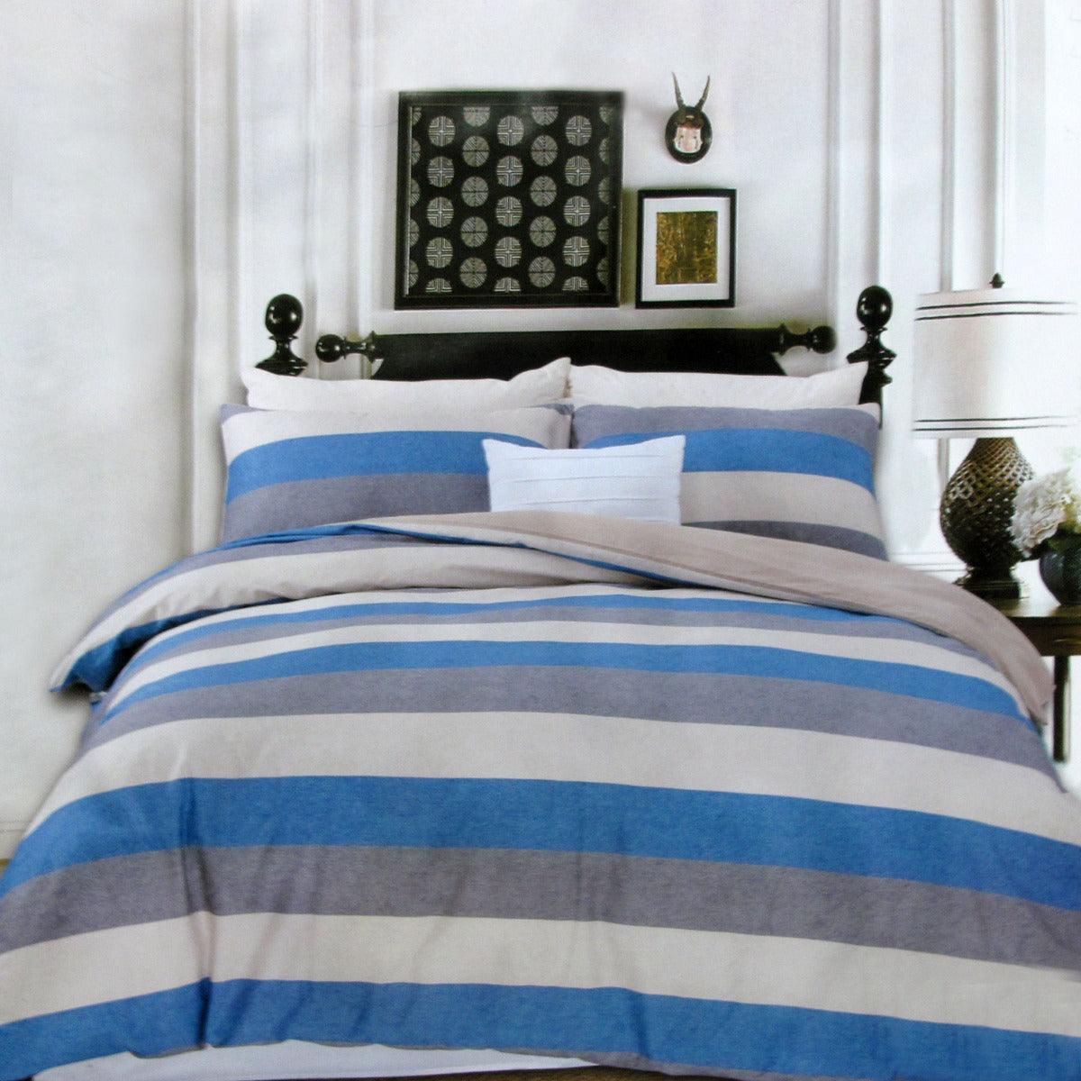 250TC Cotton Reversible Quilt Cover Set Beachy Stripes Queen - Harrogates