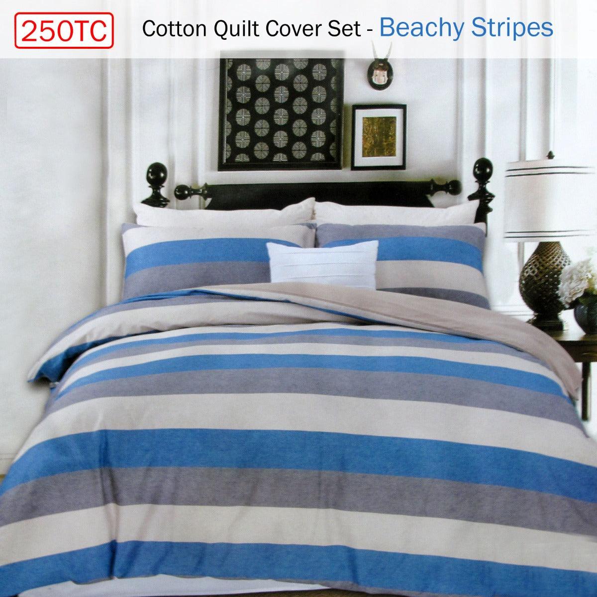 250TC Cotton Reversible Quilt Cover Set Beachy Stripes Queen - Harrogates