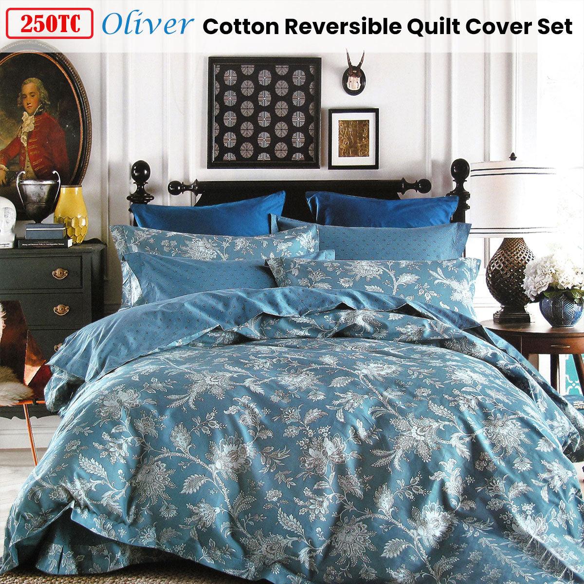 250TC Oliver Cotton Reversible Quilt Cover Set Queen - Harrogates